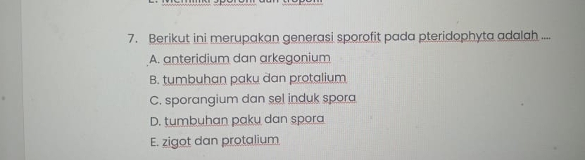 Berikut ini merupakan generasi sporofit pada pteridophyta adalah ....
A. anteridium dan arkegonium
B. tumbuhan paku dan protalium
C. sporangium dan sel induk spora
D. tumbuhan paku dan spora
E. zigot dan protalium