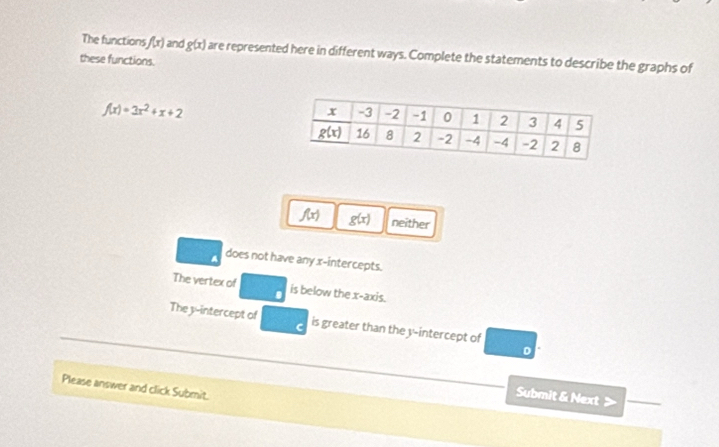 The function f(x) and g(x) are represented here in different ways. Complete the statements to describe the graphs of
these functions.
f(x)=3x^2+x+2
f(x) g(x) neither
does not have any x-intercepts.
The vertex of is below the x-axis.
The y-intercept of is greater than the y-intercept of
Please answer and click Submit.
Submit & Next >