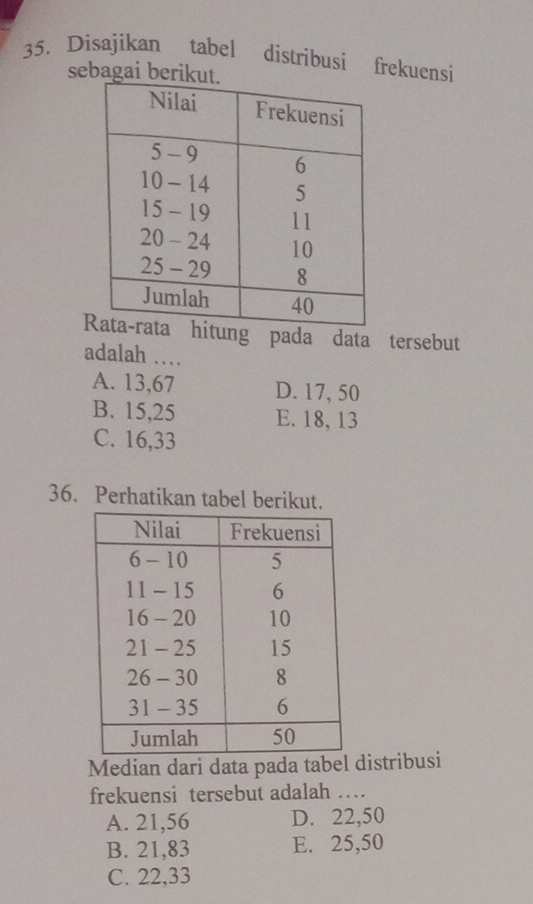 Disajikan tabel distribusi frekuensi
sebagai ber
g pada data tersebut
adalah …_
A. 13,67 D. 17, 50
B. 15, 25 E. 18, 13
C. 16, 33
36. Perhatikan tabel berikut.
Median dari data pada tabel distribusi
frekuensi tersebut adalah …_
A. 21,56 D. 22,50
B. 21,83 E. 25,50
C. 22,33