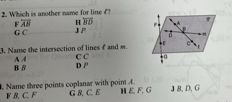 Which is another name for line ??
F overleftrightarrow AB
H overleftrightarrow BD
P
F A
G C J P
B
D
3. Name the intersection of lines f and m.
E C
A A C C G
B B D P
4. Name three points coplanar with point A.
F B, C, F G B, C, E H E, F, G J B, D, G