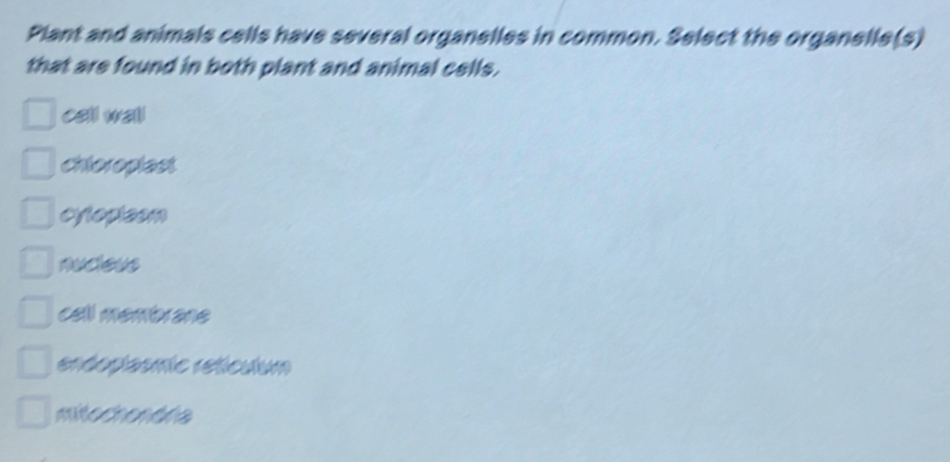 Plant and animals cells have several organelles in common. Select the organelle(s)
that are found in both plant and animal cells.
call wall
chioropiest
cytopleom
nucleus
cell membrane
endoplasmic reticulum
mitochondria