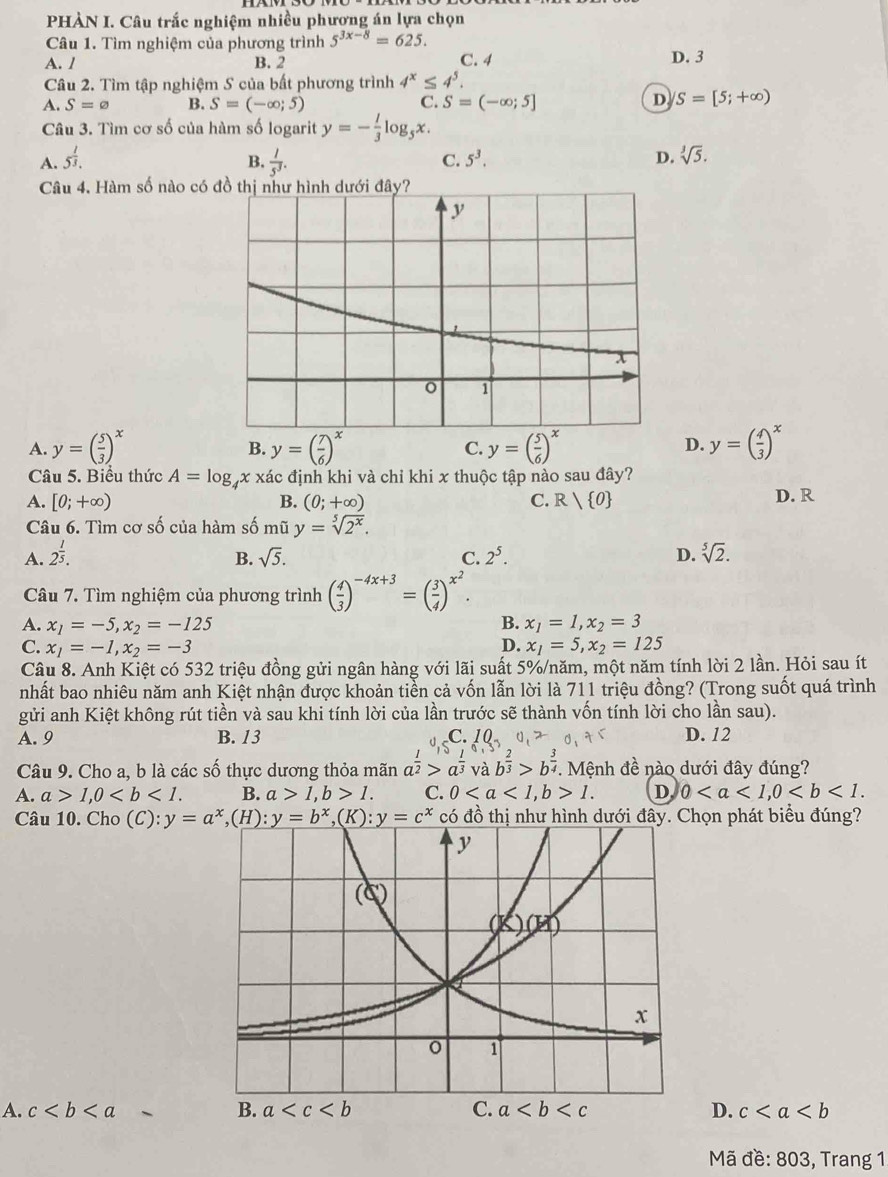 PHÀN I. Câu trắc nghiệm nhiều phương án lựa chọn
Câu 1. Tìm nghiệm của phương trình 5^(3x-8)=625. C. 4 D. 3
A. l B. 2
Câu 2. Tìm tập nghiệm S của bất phương trình 4^x≤ 4^5.
C.
A. S=varnothing B. S=(-∈fty ;5) S=(-∈fty ;5] D S=[5;+∈fty )
Câu 3. Tìm cơ số của hàm số logarit y=- 1/3 log _5x.
A. 5^(frac 1)3. B.  1/5^3 .
C. 5^3. D. sqrt[3](5).
Câu 4. Hàm số nào có
D.
A. y=( 5/3 )^x y=( 7/6 )^x C. y=( 5/6 )^x y=( 4/3 )^x
B.
Câu 5. Biểu thức A=log _4x* ac c định khi và chỉ khi x thuộc tập nào sau đây?
A. [0;+∈fty ) B. (0;+∈fty ) C. R/ 0 D. R
Câu 6. Tìm cơ số của hàm số mhat uy=sqrt[5](2^x).
A. 2^(frac 1)5. sqrt(5). C. 2^5. D. sqrt[5](2).
B.
Câu 7. Tìm nghiệm của phương trình ( 4/3 )^-4x+3=( 3/4 )^x^2.
A. x_1=-5,x_2=-125 B. x_1=1,x_2=3
C. x_1=-1,x_2=-3 D. x_1=5,x_2=125
Câu 8. Anh Kiệt có 532 triệu đồng gửi ngân hàng với lãi suất 5%/năm, một năm tính lời 2 lần. Hỏi sau ít
nhất bao nhiêu năm anh Kiệt nhận được khoản tiển cả vốn lẫn lời là 711 triệu đồng? (Trong suốt quá trình
gửi anh Kiệt không rút tiền và sau khi tính lời của lần trước sẽ thành vốn tính lời cho lần sau).
A. 9 B. 13 C. D. 12
Câu 9. Cho a, b là các số thực dương thỏa mãn a  1/2 >a^(frac 1)3 và b^(frac 2)3>b^(frac 3)4.  Mệnh đề nào dưới đây đúng?
A. a>1,0 B. a>1,b>1. C. 01. D 0
Câu 10. Cho (C):y=a^x,(H):y=b^x,(K):y=c^xco đồ thị như hình dưới đây. Chọn phát biểu đúng?
A. c D. c
Mã đề: 803, Trang 1