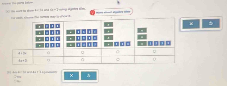 Answar the parts below.
(1) He want to show 4+3x and 4x+3 using algebra tiles.
to show it. More about algebra tiles
5
(b) Ar 4+3x and 4x+3 equivalent?
Ores
x 5
Na