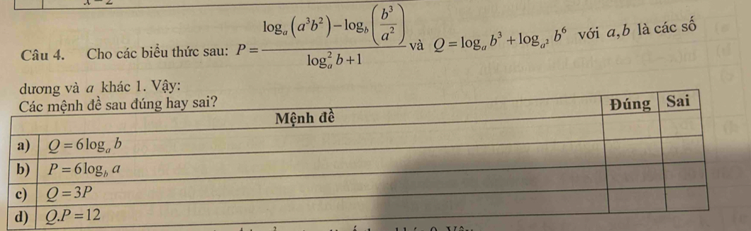 Cho các biểu thức sau: P=frac log _a(a^3b^2)-log _b( b^3/a^2 )(log _a)^2b+1 và Q=log _ab^3+log _a^2b^6 với a,b là các số
đương và a khác 1. Vậy: