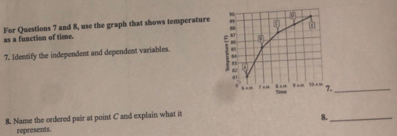 For Questions 7 and 8, use the graph that shows temperature 
as a function of time. 
7. Identify the independent and dependent variables. 
_ 
8. Name the ordered pair at point C and explain what it 
8._ 
represents.