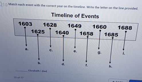 Match each event with the correct year on the timeline. Write the letter on the line provided. 
Timeline of Events 
Elizabeth I died
10 of 17