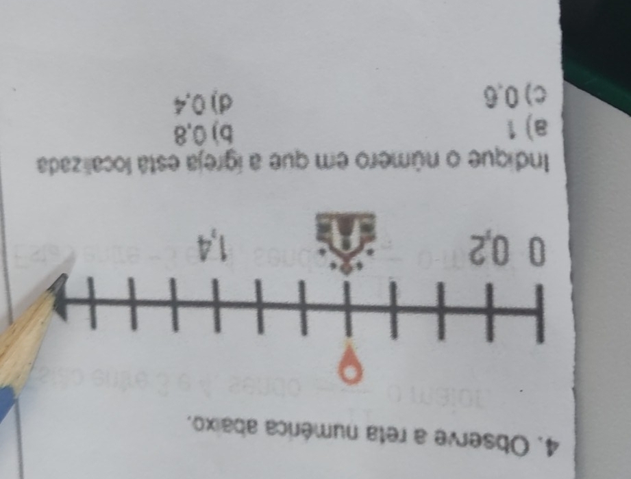 Observe a reta numérica abaixo.
Indique o número em que a ígreja está localizada
a) 1 b) 0,8
c) 0.6 d) 0,4