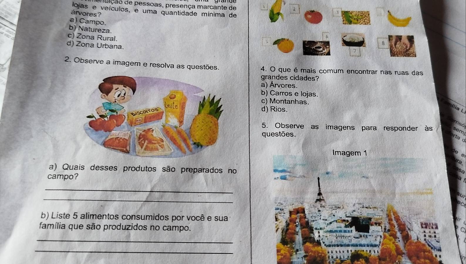 enlação de pessoas, presença marcante de
2
lojas e veículos, e uma quantidade mínima de
árvores?
3
a) Campo.
b) Natureza.
c) Zona Rural.
d) Zona Urbana.
8
2. Observe a imagem e resolva as questões. 4. O que é mais comum encontrar nas ruas das
grandes cidades?
a) Árvores.
b) Carros e lojas.
c) Montanhas.
Família L
d) Rios.
orisó
5. Observe as imagens para responder às sem
questões.
rta d
e
a
a) Quais desses produtos são preparados no
campo?
_
_
a
b) Liste 5 alimentos consumidos por você e sua
família que são produzidos no campo.
_
_