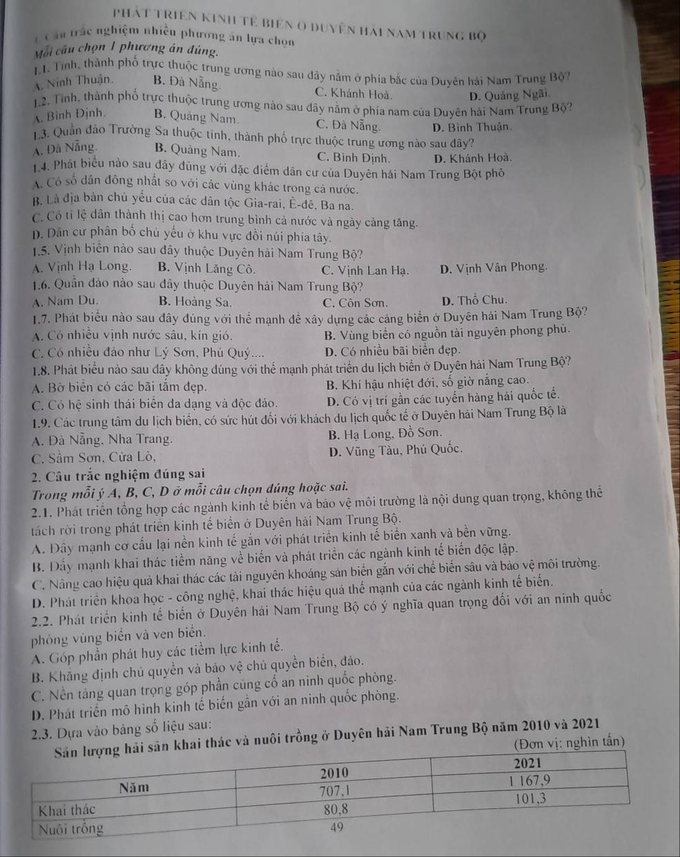 phát triện kinh tế biên o duyện hải nam trung bộ
C Cầu trắc nghiệm nhiều phương án lựa chọn
Mỗi câu chọn 1 phương án đúng.
1.1. Tỉnh, thành phố trực thuộc trung ương nào sau dây nằm ở phía bắc của Duyên hải Nam Trung Bộ?
A. Ninh Thuận. B. Đà Nẵng. C. Khánh Hoà.
D. Quảng Ngãi
J.2. Tinh, thành phố trực thuộc trung ương nào sau dây nằm ở phía nam của Duyên hải Nam Trung Bộ?
A. Bình Định. B. Quảng Nam. C. Đà Nẵng. D. Bình Thuận
1.3. Quần đảo Trường Sa thuộc tính, thành phố trực thuộc trung ương nào sau đây?
A. Đà Nẵng. B. Quảng Nam. C. Bình Định. D. Khánh Hoà.
1.4. Phát biểu nào sau đây đúng với đặc điểm dân cư của Duyên hải Nam Trung Bột phố
A Có số dân đông nhất so với các vùng khác trong cả nước.
B. Là địa bàn chủ yếu của các dân tộc Gia-rai, Ê-đê, Ba na.
C. Có tỉ lệ dân thành thị cao hơn trung bình cả nước và ngày cảng tăng.
D. Dân cư phân bố chủ yếu ở khu vực đồi núi phía tây.
1.5. Vịnh biên nào sau đây thuộc Duyên hải Nam Trung Bộ?
A. Vịnh Hạ Long. B. Vịnh Lăng Cô. C. Vịnh Lan Hạ. D. Vịnh Vân Phong.
1.6. Quần đảo nào sau dây thuộc Duyên hải Nam Trung Bộ?
A. Nam Du. B. Hoàng Sa. C. Côn Sơn. D. Thổ Chu.
1.7. Phát biểu nào sau đây đúng với thể mạnh dể xây dựng các cảng biển ở Duyên hải Nam Trung Bộ?
A. Có nhiều vịnh nước sâu, kín gió. B. Vùng biển có nguồn tài nguyên phong phú.
C. Có nhiều đảo như Lý Sơn, Phú Quý.... D. Có nhiều bãi biển dẹp.
1.8. Phát biểu nào sau đây không đúng với thể mạnh phát triển du lịch biển ở Duyên hải Nam Trung Bộ?
A. Bờ biển có các bãi tắm đẹp. B. Khí hậu nhiệt đới, số giờ nắng cao.
C. Có hệ sinh thái biển da dạng và độc đáo. D. Có vị trí gần các tuyển hàng hải quốc tế.
1.9. Các trung tâm du lịch biển, có sức hút đối với khách du lịch quốc tế ở Duyên hải Nam Trung Bộ là
A. Đà Nẵng, Nha Trang. B. Hạ Long, Đồ Sơn.
C. Sầm Sơn, Cửa Lò, D. Vũng Tàu, Phú Quốc.
2. Câu trắc nghiệm đúng sai
Trong mỗi ý A, B, C, D ở mỗi câu chọn đúng hoặc sai.
2.1. Phát triển tổng hợp các ngành kinh tế biến và bảo vệ môi trường là nội dung quan trọng, không thể
tách rời trong phát triển kinh tế biển ở Duyên hải Nam Trung Bộ.
A. Đầy mạnh cơ cấu lại nền kinh tế gắn với phát triển kinh tế biển xanh và bền vững.
B. Dẩy mạnh khai thác tiểm năng về biến và phát triển các ngành kinh tế biến độc lập.
C. Nâng cao hiệu quả khai thác các tài nguyên khoáng sán biển gắn với chế biến sâu và bảo vệ môi trường.
D. Phát triển khoa học - công nghệ, khai thác hiệu quả thể mạnh của các ngành kinh tế biển.
2.2. Phát triển kinh tế biến ở Duyên hải Nam Trung Bộ có ý nghĩa quan trọng đối với an ninh quốc
phòng vùng biển và ven biển.
A. Góp phần phát huy các tiềm lực kinh tế.
B. Khắng định chủ quyền và bảo vệ chủ quyền biển, đảo.
C. Nền tảng quan trọng góp phần củng cố an ninh quốc phòng.
D. Phát triển mô hình kinh tế biến gần với an ninh quốc phòng.
2.3. Dựa vào bảng số liệu sau:
khai thác và nuôi trồng ở Duyên hải Nam Trung Bộ năm 2010 và 2021
(Đơn vị: nghìn tấn)