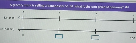 A grocery store is selling 3 bananas for $1.50. What is the unit price of bananas?
3
ce (dollars)
1.50