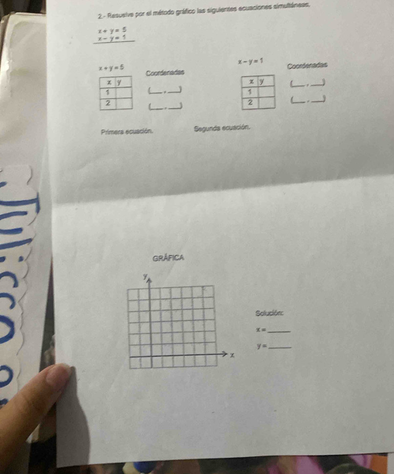 2- Resuelve por el método gráfico las siguientes ecuaciones simultánees,
beginarrayr x+y=5 x-y=1 hline endarray
x-y=1
x+y=5
Coorderadas Coordenadas
x y
_ 
_ 
1 
_ 
_] 
_ 
__ 
2 

_ 
Primera ecuación. Segunda ecuación, 
Gráfica
y
Solución:
x= _ 
_ y=
x