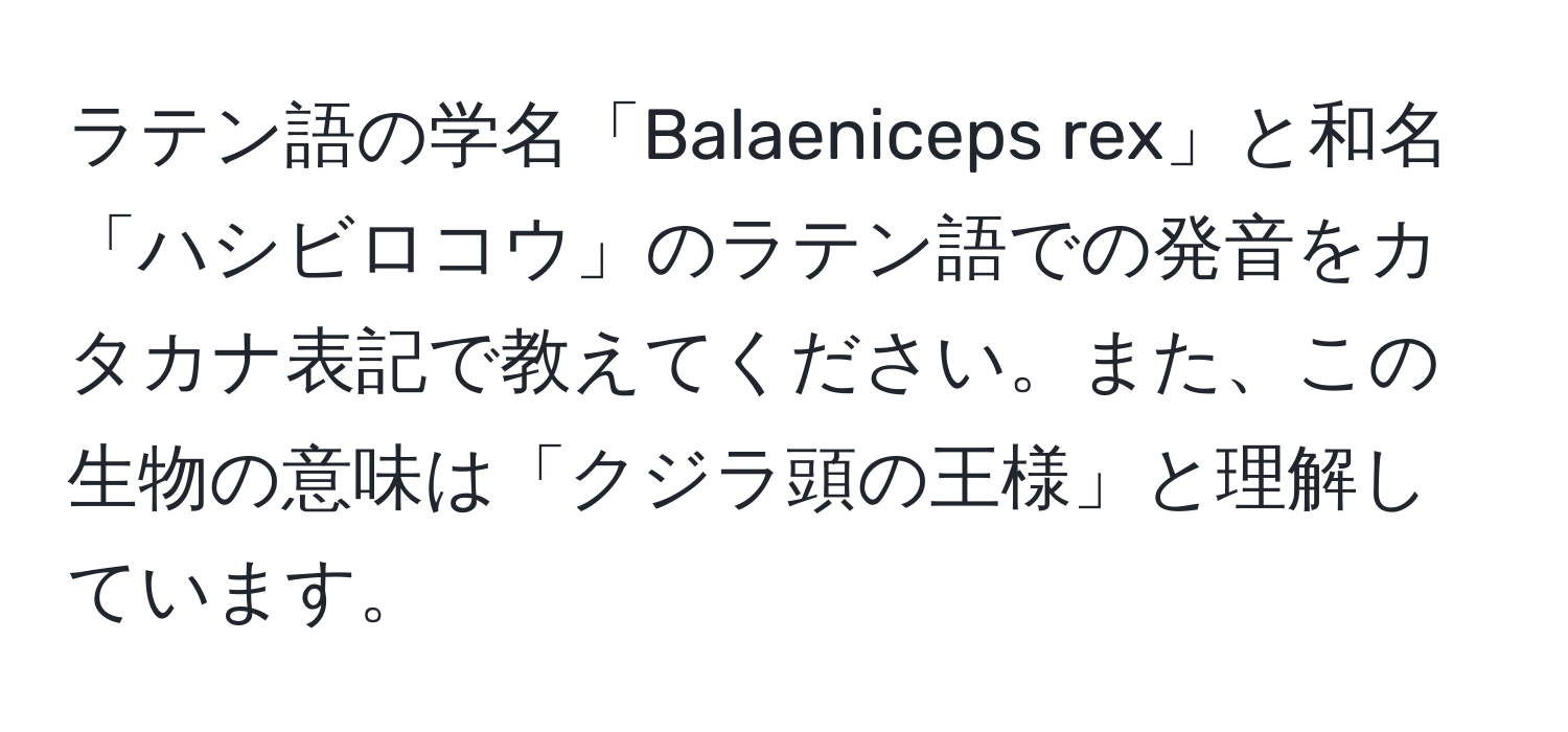 ラテン語の学名「Balaeniceps rex」と和名「ハシビロコウ」のラテン語での発音をカタカナ表記で教えてください。また、この生物の意味は「クジラ頭の王様」と理解しています。