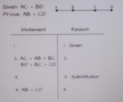 Given: AC=BD A B C D
Prove: AB=CD