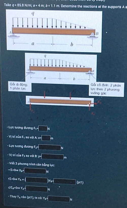 Take q=85.8N/m; a=4m; b=1.1m. Determine the reactions at the supports A a 
- Lực tương đương F_1=□ N
- Vị trí a ia F_1 so vái A:x=□ m
- Lực tương đương F_2=□ N
- Vị trí của F2 so với B: y= □ m
- Viết 3 phương trình cân bằng lực:
-sumlimits =0Rightarrow X_C= □ _N
Tsumlimits =0Rightarrow Y_A+ (□ )Ya=□ (pr1)
Usumlimits _0=0Rightarrow Y_A= □ N
- They Y_A vào (pt1), ta có: Y_B=□ N