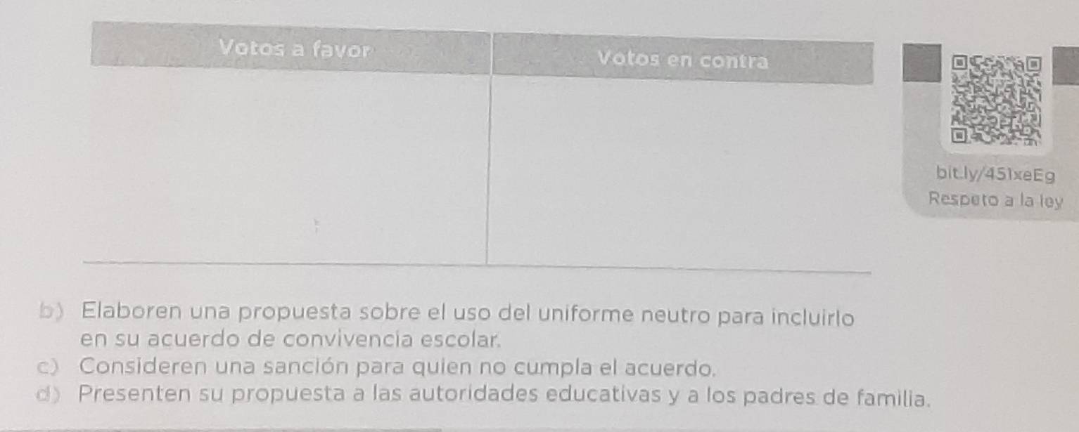 Respeto a la ley 
b) Elaboren una propuesta sobre el uso del uniforme neutro para incluirlo 
en su acuerdo de convivencia escolar. 
c) Consideren una sanción para quien no cumpla el acuerdo. 
d) Presenten su propuesta a las autoridades educativas y a los padres de familia.