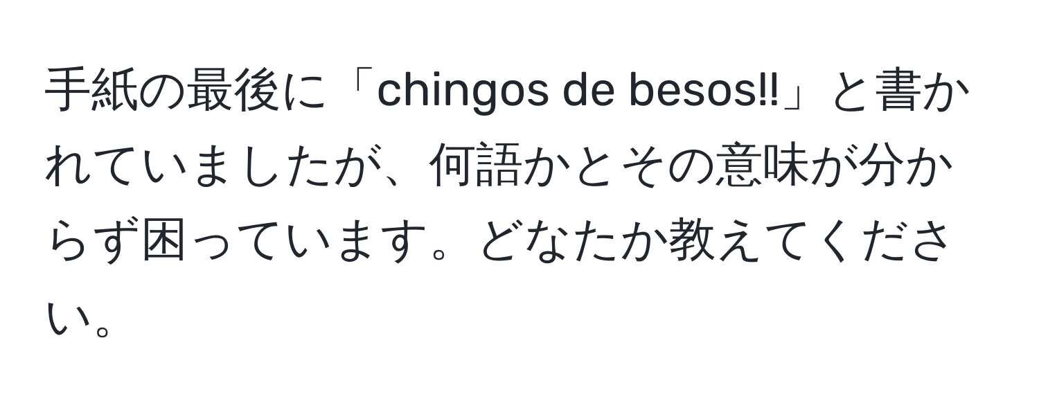 手紙の最後に「chingos de besos!!」と書かれていましたが、何語かとその意味が分からず困っています。どなたか教えてください。