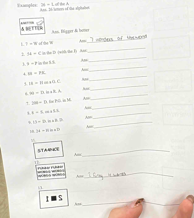 Solved: Examples: 26=L of the A Ans. 26 letters of the alphabet ...