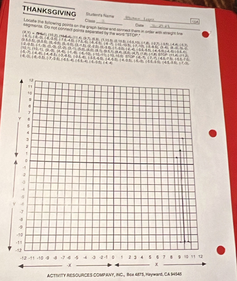 THANKSGIVING Student's Name 1A
Class
Diate
_
Locate the following points on the graph below and connect them in order with straight line
segments. Do not connect points separated by the word "STOP."
(X,Y)=(9,4),(10,2),(11,4),(9,7),(5,9),(1,10.5),(0,10,5),(-1,8),(-1,8),(4,4),(5,2)
(-6,1),(-6,3),(-6,3),(-7.5,-7.5,-6),(6,-(5),(4.7),(0.40,10),(0.45),(7,10),(0.45),(0.45),(7,10),(0.45),(0.45),(7,10),(0.45)
(9.5,0.5),(8,0.5),(6,-0.5),(5,0.5),(3,1.5),(2,2.5),(0,3.5),(4,5,5),(4,5,5),(4)
(-2,0.5),(-1,3),(0,-3),(2,2),(3,1),(5,0),(6.0),(8,1),(8,1),(18),(18),(11,4),(11,2)
(10,1),(10,-1),(9,-3),(4,-6),(-1,-6),(-10,11),(-10,10,10,10,10),(45,7),(4.5,7,(-
(-5,7),(-4,-8),(-4,8.5),(-(35,-8),(-35),(4,3,(-35,5),(55)5,(4,35),(4.5),(4.5),(4.35),357,7,5),(4.5),
(-8,-3),(-8,-3.5),(-7,3.5),(-6.5,-4),(-5.5,-4),(-6,-3.5),(-4,-4)
ACTIVITY RESOURCES COMPANY, INC., Box 4875, Hayward, CA 94545