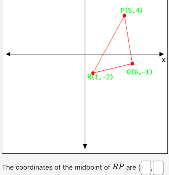 P(5,4)
Q(6,-1)
R(1,-2)
The coordinates of the midpoint of overline RP are (□ ,□ )