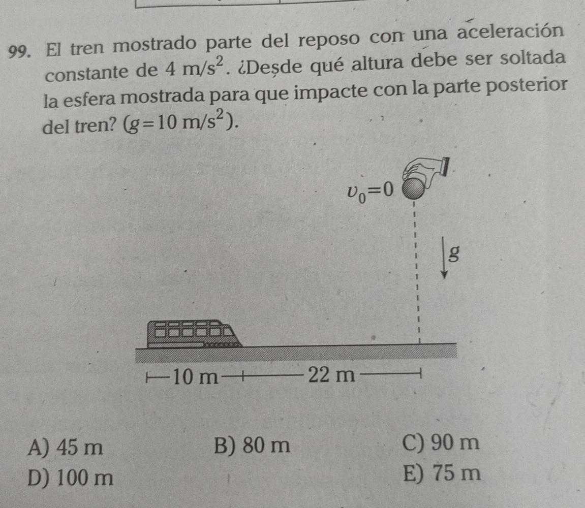 El tren mostrado parte del reposo con una aceleración
constante de 4m/s^2. ¿Deșde qué altura debe ser soltada
la esfera mostrada para que impacte con la parte posterior
del tren? (g=10m/s^2).
A) 45 m B) 80 m C) 90 m
D) 100 m E) 75 m