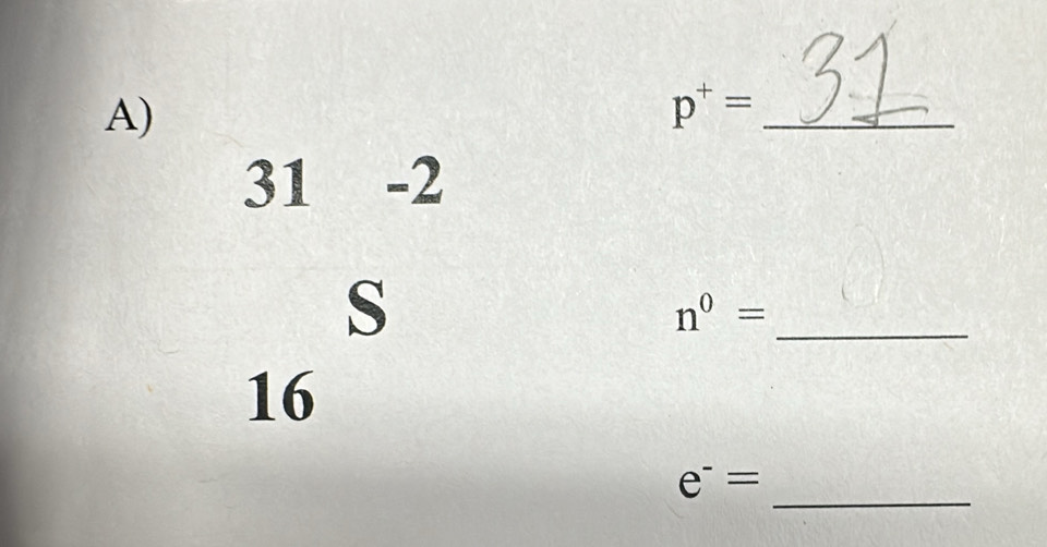 p^+= _
31 -2 
S 
_
n^0=
16
_
e^-=