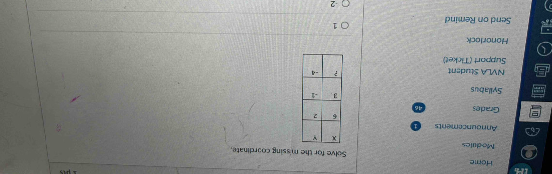 Home 
Solve for the missing coordinate. 
Modules 
Announcements 
Grades 
Syllabus 
NVLA Student 
Support (Ticket) 
Honorlock 
1 
Send on Remind 
-2