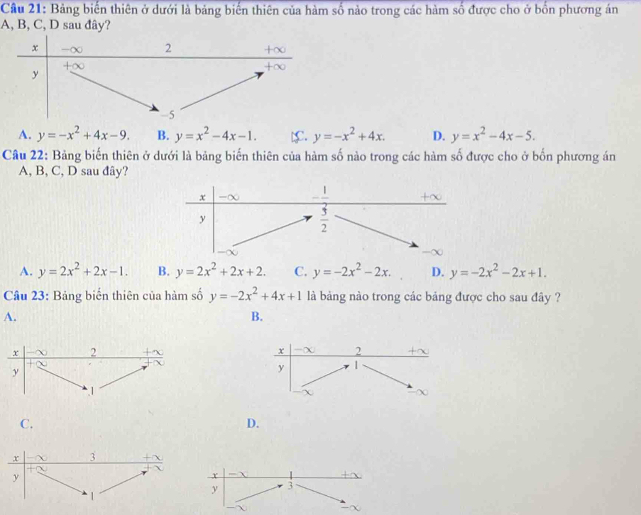 Cầu 21: Bảng biến thiên ở dưới là bảng biến thiên của hàm số nào trong các hàm số được cho ở bốn phương án
A, B, C, D sau đây?
A. y=-x^2+4x-9. B. y=x^2-4x-1. C. y=-x^2+4x. D. y=x^2-4x-5.
Câu 22: Bảng biến thiên ở dưới là bảng biến thiên của hàm số nào trong các hàm số được cho ở bốn phương án
A, B, C, D sau đây?
A. y=2x^2+2x-1. B. y=2x^2+2x+2. C. y=-2x^2-2x. D. y=-2x^2-2x+1.
Câu 23: Bảng biến thiên của hàm số y=-2x^2+4x+1 là bảng nào trong các bảng được cho sau đây ?
A.
B.
x χ 2 +∞
y 1
χ
χ
C.
D.
x χ 3 +∞
+
y
x     
y 3
1