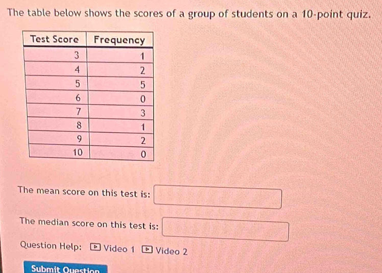 The table below shows the scores of a group of students on a 10 -point quiz. 
The mean score on this test is: □ 
The median score on this test is: □ 
Question Help: ▶ Video 1 - Video 2 
Submit Question