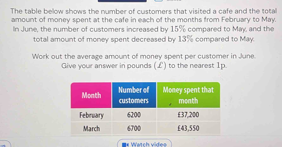 The table below shows the number of customers that visited a cafe and the total 
amount of money spent at the cafe in each of the months from February to May. 
In June, the number of customers increased by 15% compared to May, and the 
total amount of money spent decreased by 13% compared to May. 
Work out the average amount of money spent per customer in June. 
Give your answer in pounds (£) to the nearest 1p. 
Watch video