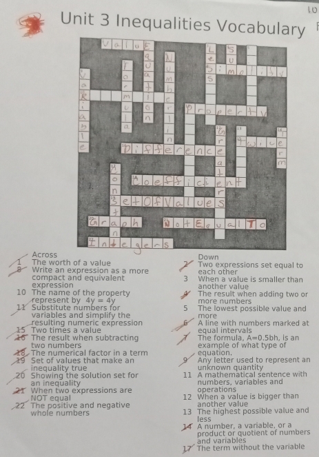 Inequalities Vocabulary 
AcrossDown 
1 The worth of a value Two expressions set equal to 
8 Write an expression as a more each other 
compact and equivalent 3 When a value is smaller than 
expression another value 
10 The name of the property The result when adding two or 
represent by 4y=4y more numbers 
11 Substitute numbers for 5 The lowest possible value and 
variables and simplify the 
resulting numeric expression more 
15 Two times a value A line with numbers marked at 
16 The result when subtracting The formula, equal intervals , is an
A=0.5bh
two numbers example of what type of 
18 The numerical factor in a term equation, 
9 Set of values that make an Any letter used to represent an 
inequality true unknown quantity 
20 Showing the solution set for 11 A mathematical sentence with 
an inequality numbers. variables and 
When two expressions are operations 
NOT equal 12 When a value is bigger than 
The positive and negative another value 
whole numbers 13 The highest possible value and 
less 
A number, a variable, or a 
and variables product or quotient of numbers 
17 The term without the variable