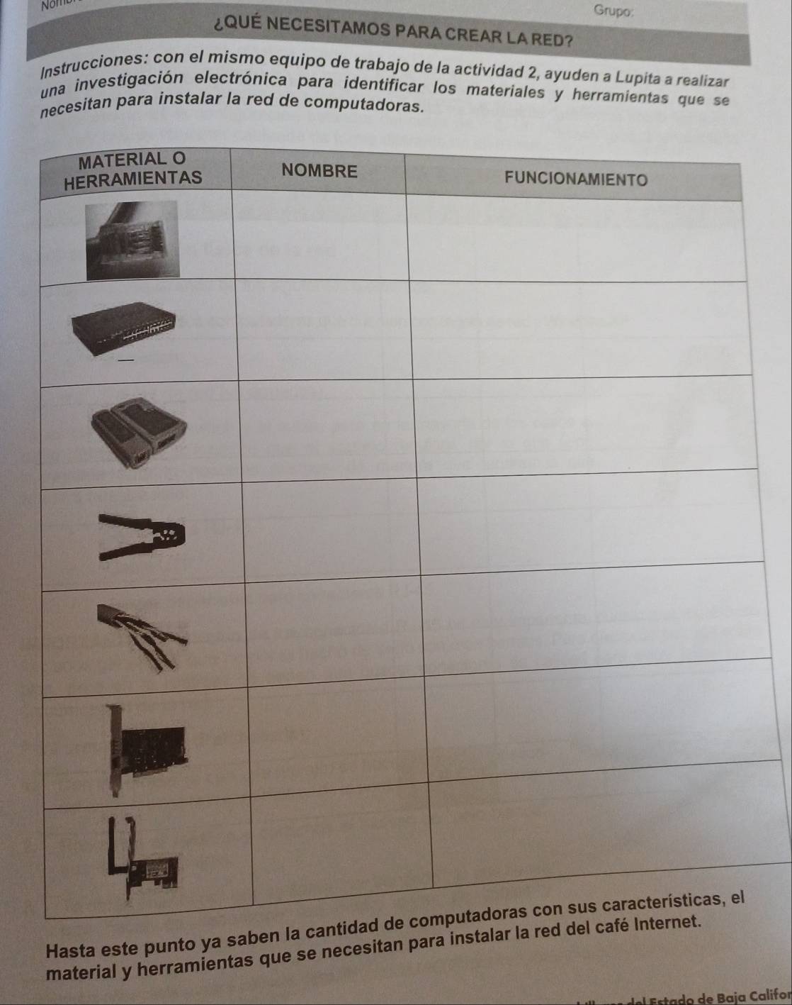 Non 
Grupo: 
¿QUÉ NECESITAMOS PARA CREAR LA RED? 
Instrucciones: con el mismo equipo de trabajo de la actividad 2, ayuden a Lupita a realizar 
una investigación electrónica para identificar los materiales y herramientas que se 
necesitan para instalar la red de computadoras. 
Hasta este punto 
material y herramientas que se necesitan 
Estado de Baja Califor