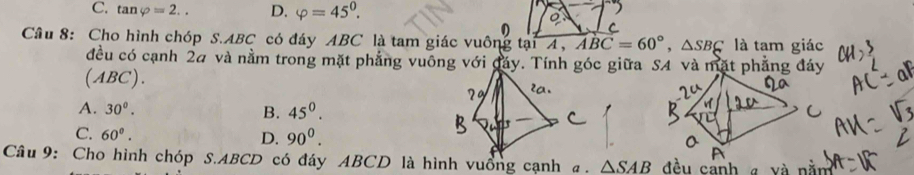 C. tan varphi =2.. D. varphi =45^0. 
0
Cầu 8: Cho hình chóp S. ABC có đáy ABC là tam giác vuông tại A, ABC=60°, △ SBC là tam giác
đều có cạnh 24 và nằm trong mặt phẳng vuống với đáy. Tính góc giữa S4 và mặt phẳng đáy
(ABC).
A. 30°. B. 45^0.
C. 60^0. 90^0. 
D.
Câu 9: Cho hình chóp S. ABCD có đáy ABCD là hình vuồng cạnh a. △ SAB đều canh