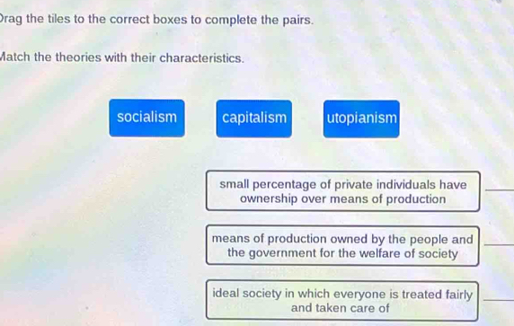 Drag the tiles to the correct boxes to complete the pairs.
Match the theories with their characteristics.
socialism capitalism utopianism
small percentage of private individuals have_
ownership over means of production
means of production owned by the people and_
the government for the welfare of society
ideal society in which everyone is treated fairly_
and taken care of