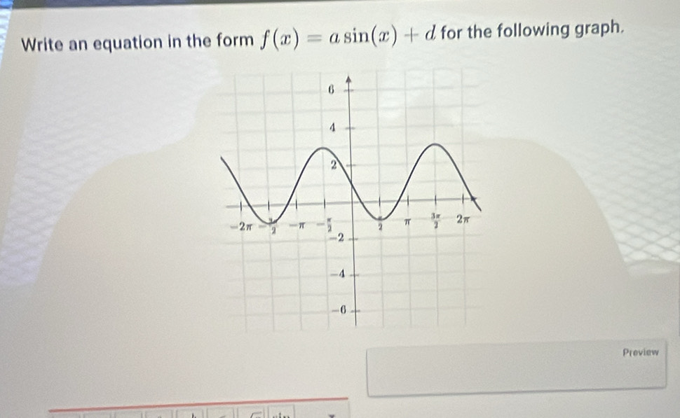 Write an equation in the form f(x)=asin (x)+d for the following graph. 
Preview