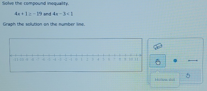 Solve the compound inequality.
4x+1≥ -19 and 4x-3<1</tex> 
Graph the solution on the number line. 
Holow dot