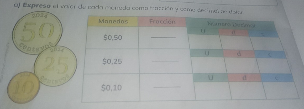 Expreso el valor de cada moneda como fracción y como decimal de d