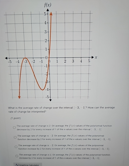 f(x)
average
rate of change be interpreted?
(1 point)
The average rate of change is 2. On average, the f(x) -values of the polynomial function
decrease by 2 for every increase of 1 of the x-values over the interval [-3,-1].
The average rate of change is -2. On average, the f(x) -values of the polynomial
function decrease by 2 for every increase of 1 of the x-values over the interval [-3,-1].
The average rate of change is —2. On average, the f(x) vallues of the polynomial
function increase by 2 for every increase of 1 of the x-values over the interval [-3,-1],
The average rate of change is 2. On average, the f(x) -values of the polynomial function
increase by 2 for every increase of 1 of the x-values over the interval [-3,-1]
Graphing Calculator