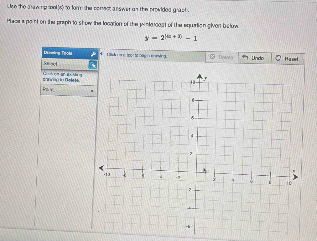 Use the drawing tool(s) to form the correct answer on the provided graph. 
Place a point on the graph to show the location of the y-intercept of the equation given below.
y=2^((4x+3))-1
Drawing Tools Click on a tool to begin drawing. Delete Undo Reset 
Select 
Click on an existing 
drawing to Delete. 
Point