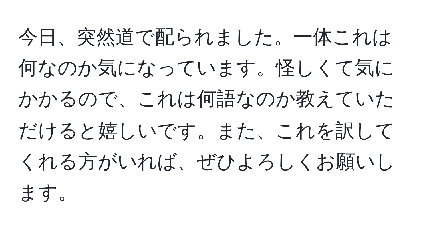 今日、突然道で配られました。一体これは何なのか気になっています。怪しくて気にかかるので、これは何語なのか教えていただけると嬉しいです。また、これを訳してくれる方がいれば、ぜひよろしくお願いします。