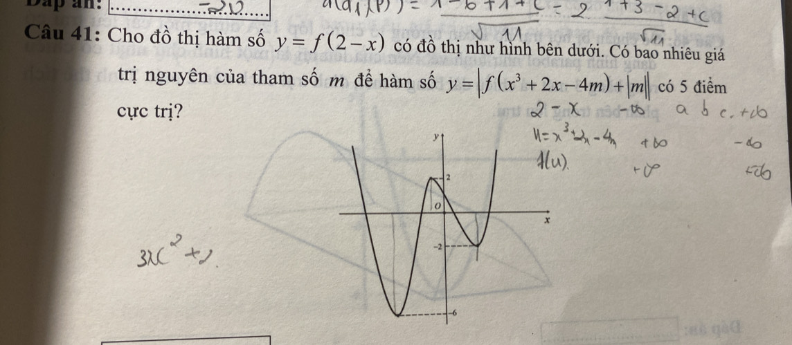 Dap an:
_
Câu 41: Cho đồ thị hàm số y=f(2-x) có đồ thị như hình bên dưới. Có bao nhiêu giá
trị nguyên của tham số m để hàm số y=|f(x^3+2x-4m)+|m|| có 5 điểm
cực trị?