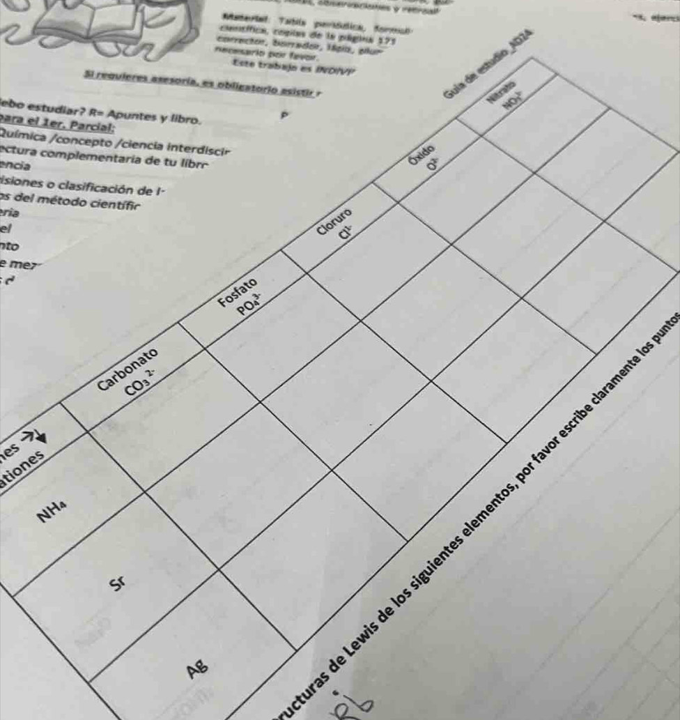 a e 
ateriat Tatls persótica forecl 
contífica, copas de la página 173 
corrector, borredor, 1ápia, plur 
necesario por favor. 
Jula de estúdio_AD1 
Este trabajo es INDIVP 
Si requieres asesoría, es obligatorio asistir r 
Nitralo 
NO_1^((2-) 
ebo estudiar? R= Apuntes y libro. 
Para el 1er. Parcial: 
Química /concepto /ciencia interdiscir 
ectura complementaria de tu líbro 
encía 
Óxido
0^2)
isiones o clasificación de l· 
os del método científir 
ería 
el 
Cloruro 
Cl^(1-) 
nto 
e mez 
d 
Fosfato
PO_4^(3-)
Carbonato
CO_3^(2-)
es 
tiones 
NH4 
Sr 
Ag