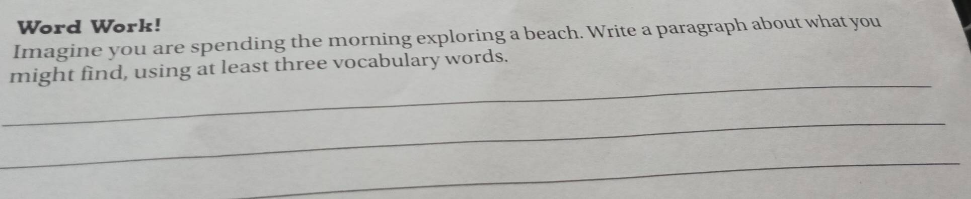 Word Work! 
Imagine you are spending the morning exploring a beach. Write a paragraph about what you 
_ 
might find, using at least three vocabulary words. 
_ 
_