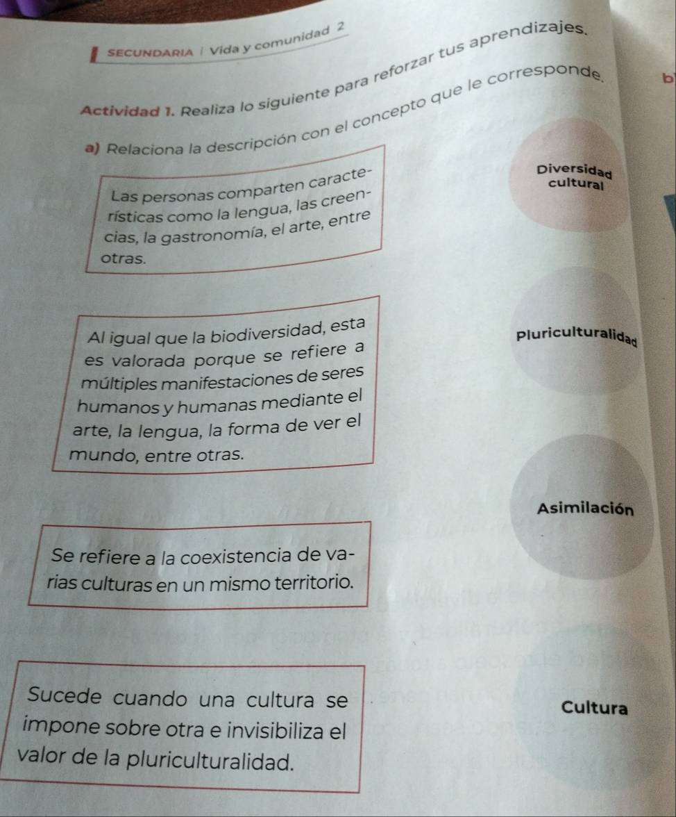 SECUNDARIA / Vida y comunidad 2 
Actividad 1. Realiza lo siguiente para reforzar tus aprendizajes 
a) Relaciona la descripción con el concepto que le corresponde 
b 
Las personas comparten caracte- 
Diversidad 
cultural 
rísticas como la lengua, las creen- 
cias, la gastronomía, el arte, entre 
otras. 
Al igual que la biodiversidad, esta 
Pluriculturalidad 
es valorada porque se refiere a 
múltiples manifestaciones de seres 
humanos y humanas mediante el 
arte, la lengua, la forma de ver el 
mundo, entre otras. 
Asimilación 
Se refiere a la coexistencia de va- 
rias culturas en un mismo territorio. 
Sucede cuando una cultura se Cultura 
impone sobre otra e invisibiliza el 
valor de la pluriculturalidad.