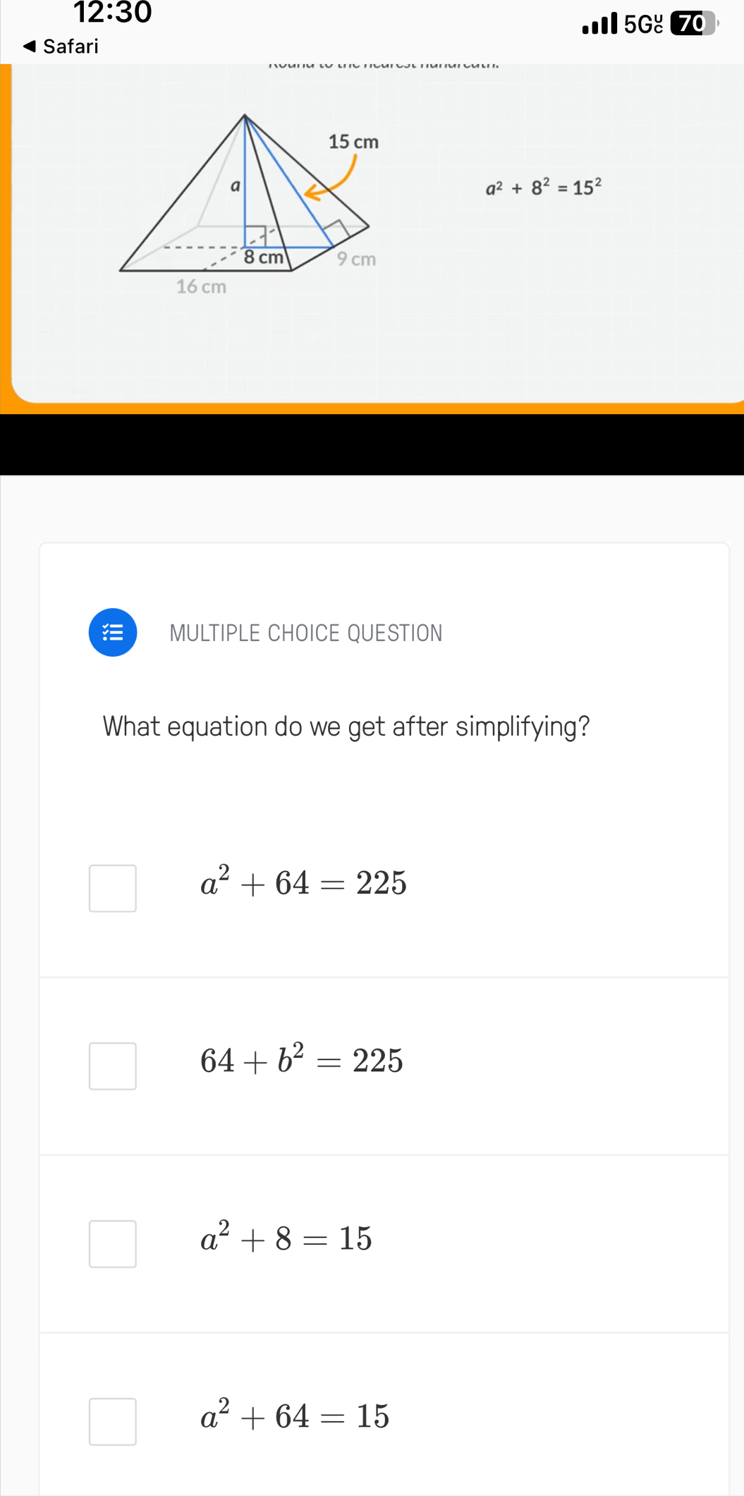 12:30
5G४ 0
Safari
a^2+8^2=15^2