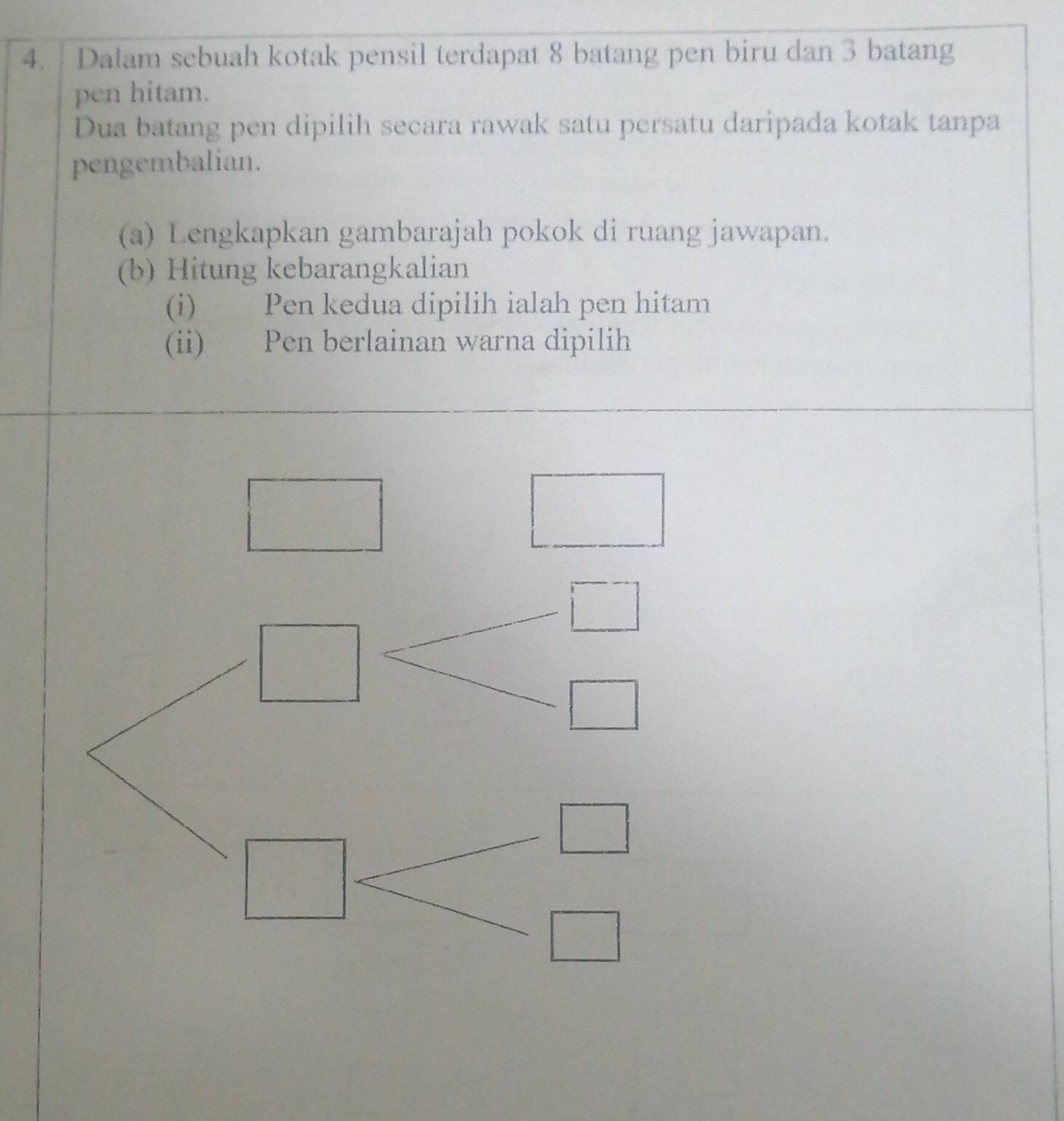 Dalam sebuah kotak pensil terdapat 8 batang pen biru dan 3 batang 
pen hitam. 
Dua batang pen dipilih secara rawak satu persatu daripada kotak tanpa 
pengembalian. 
(a) Lengkapkan gambarajah pokok di ruang jawapan. 
(b) Hitung kebarangkalian 
(i) Pen kedua dipilih ialah pen hitam 
(ii) Pen berlainan warna dipilih