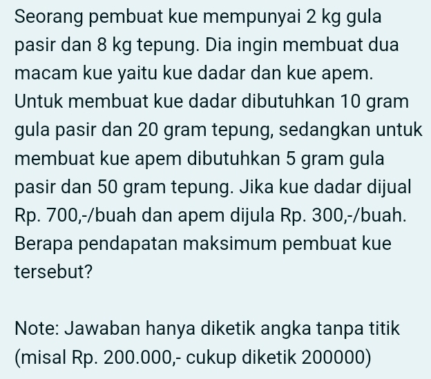 Seorang pembuat kue mempunyai 2 kg gula 
pasir dan 8 kg tepung. Dia ingin membuat dua 
macam kue yaitu kue dadar dan kue apem. 
Untuk membuat kue dadar dibutuhkan 10 gram
gula pasir dan 20 gram tepung, sedangkan untuk 
membuat kue apem dibutuhkan 5 gram gula 
pasir dan 50 gram tepung. Jika kue dadar dijual
Rp. 700,-/buah dan apem dijula Rp. 300,-/buah. 
Berapa pendapatan maksimum pembuat kue 
tersebut? 
Note: Jawaban hanya diketik angka tanpa titik 
(misal Rp. 200.000,- cukup diketik 200000)