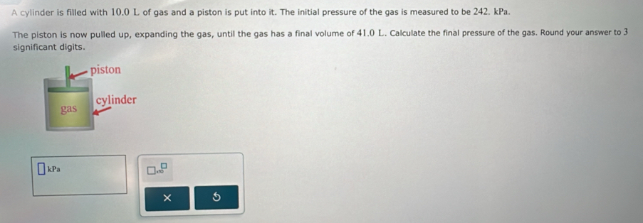 A cylinder is filled with 10.0 L of gas and a piston is put into it. The initial pressure of the gas is measured to be 242. kPa. 
The piston is now pulled up, expanding the gas, until the gas has a final volume of 41.0 L. Calculate the final pressure of the gas. Round your answer to 3
significant digits. 
kPa □ .sqrt(0)
×