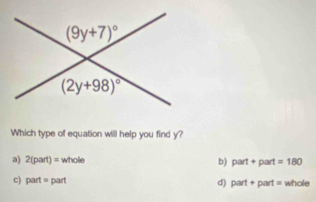 Which type of equation will help you find y?
a) 2(part)  whole = b) part + part =180
c) part = part d) part + part = whole