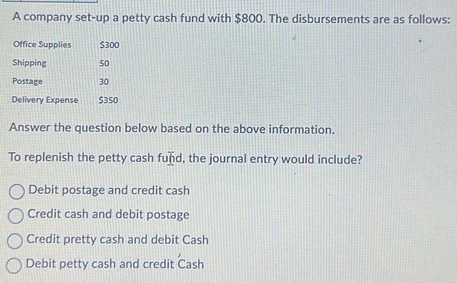 Solved: A company set-up a petty cash fund with $800. The disbursements ...