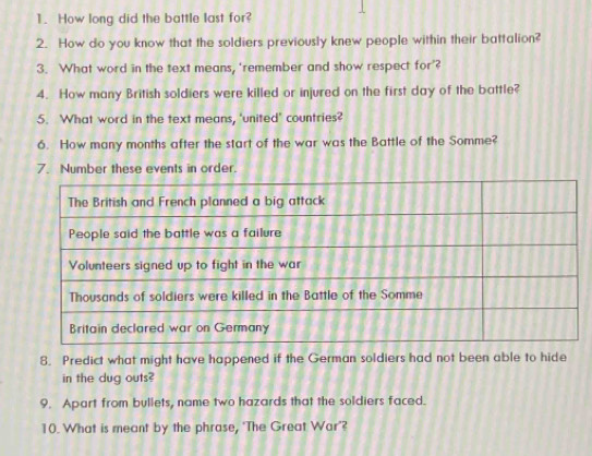 How long did the battle last for? 
2. How do you know that the soldiers previously knew people within their battalion? 
3. What word in the text means, ‘remember and show respect for’? 
4. How many British soldiers were killed or injured on the first day of the battle? 
5. What word in the text means, 'united' countries? 
6. How many months after the start of the war was the Battle of the Somme? 
7. Number these events in order. 
8. Predict what might have happened if the German soldiers had not been able to hide 
in the dug outs? 
9. Apart from bullets, name two hazards that the soldiers faced. 
10. What is meant by the phrase, ‘The Great War’?